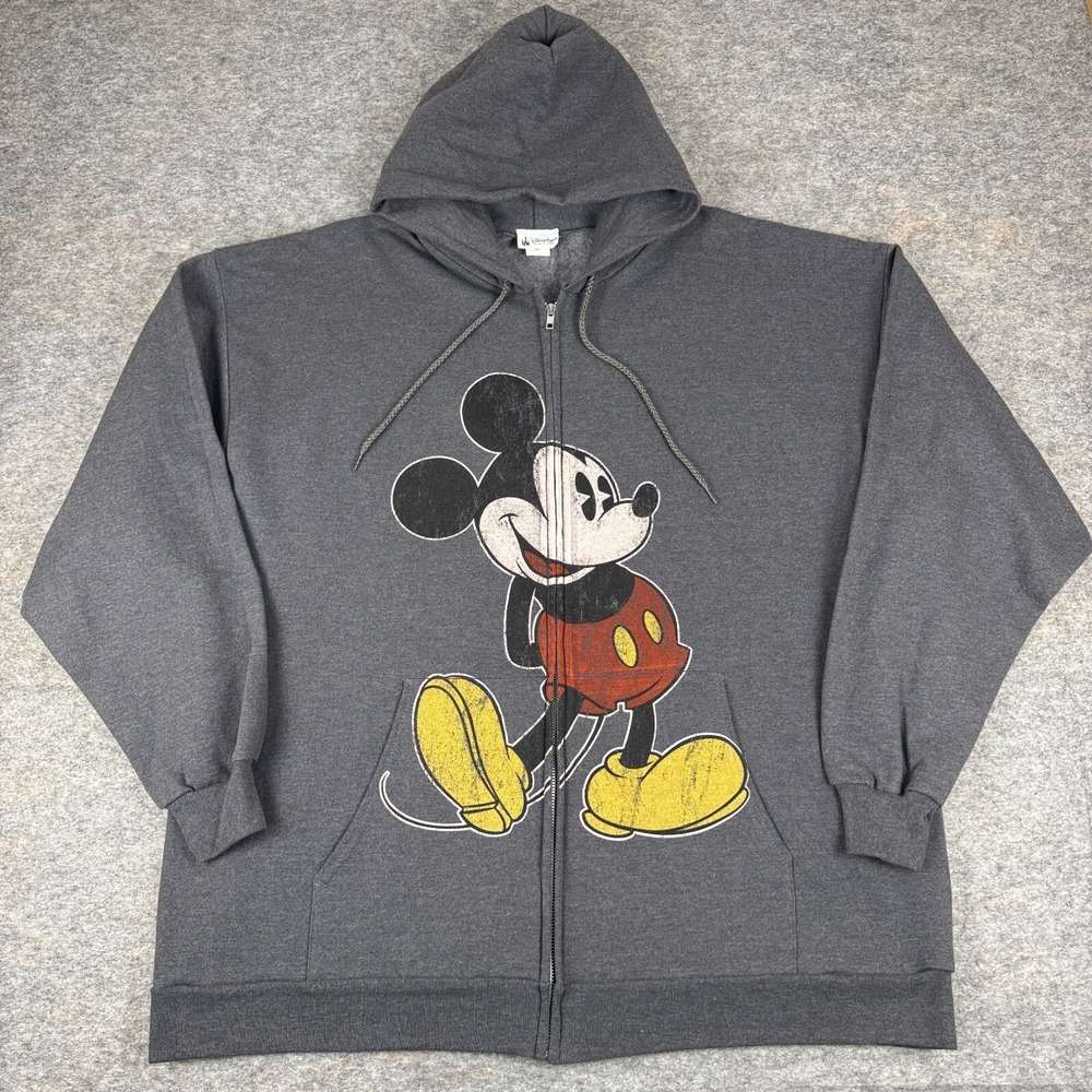 Disney Parks Mickey Mouse Hoodie Sweatshirt Full Zip Gray Mens 2XL XXL